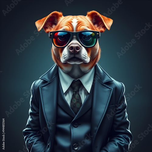 portrait of a dog or dog wearing glasses and a suit