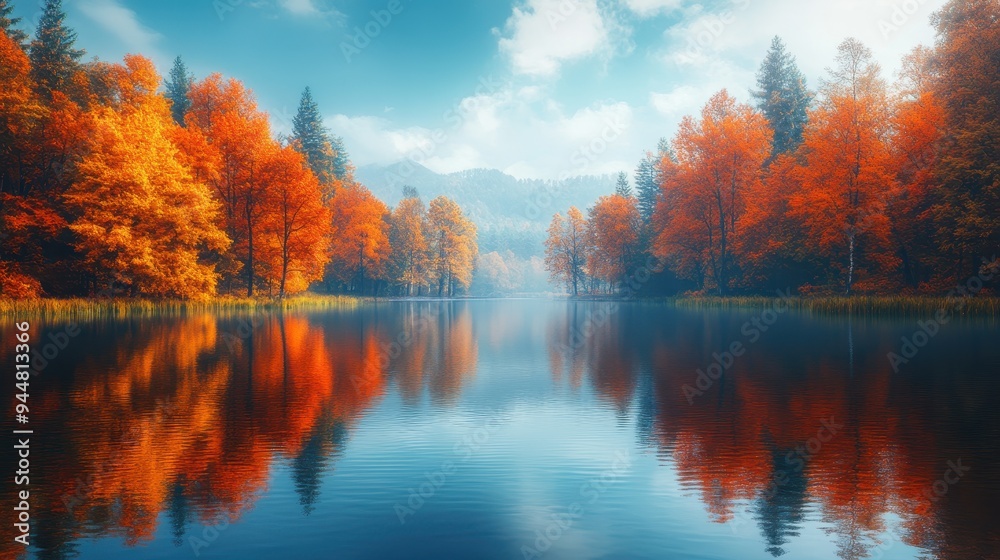 Autumn Forest Reflections in Calm Lake Water Autumn Forest Reflections in Calm Lake Water