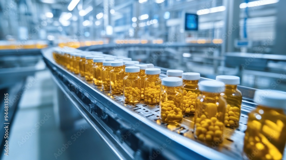 Technicians monitoring medicine bottles on a conveyor belt in a high-tech pharmaceutical factory Technicians monitoring medicine bottles on a conveyor belt in a high-tech pharmaceutical factory