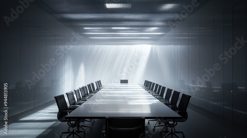 Empty Conference Room with a Long Table and Chairs photo