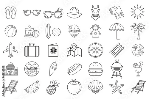 The Summer Icon Set is a collection of line icons suitable for summer-themed websites and mobile apps, featuring popular summer vacation elements like travel, beach, tourism, and relaxation.