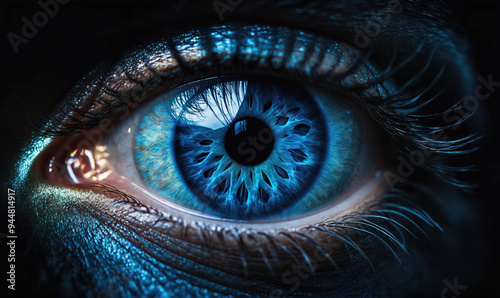 A close-up of a bright blue eye, with intricate details visible in the iris