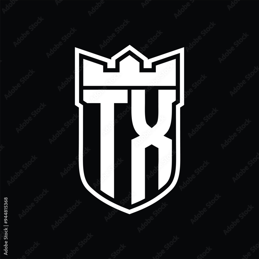 TX Logo shield shape with geometric crown inside white outline on black background template design TX Logo shield shape with geometric crown inside white outline on black background template design