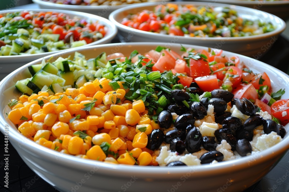Colorful salad bowls featuring diced vegetables and grains at an outdoor gathering during summer