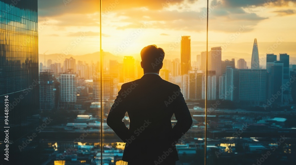 A Businessman Silhouetted Against a City Skyline at Sunset A Businessman Silhouetted Against a City Skyline at Sunset