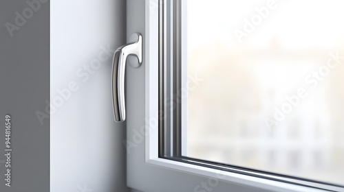 44. **A contemporary casement window with a slim handle, isolated on a pristine white background.