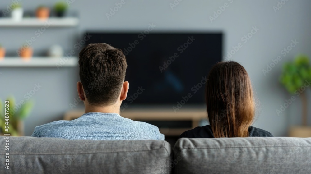 A couple relaxing on a cozy couch deeply engaged in watching a big game or movie together on the TV in their living room creating a comfortable and intimate atmosphere of leisure and togetherness A couple relaxing on a cozy couch deeply engaged in watching a big game or movie together on the TV in their living room creating a comfortable and intimate atmosphere of leisure and togetherness