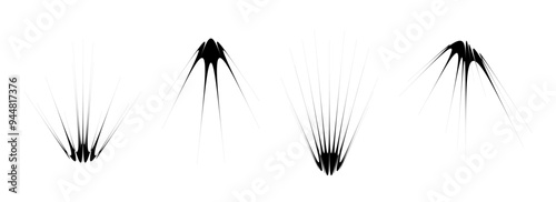 Abstract spiky element set. Thin thorn semicircle shapes and angular sunburst bundle. Futuristic spokes objects for poster, collage, banner, logo, card, icon, label, sticker. Black vector twinkles
