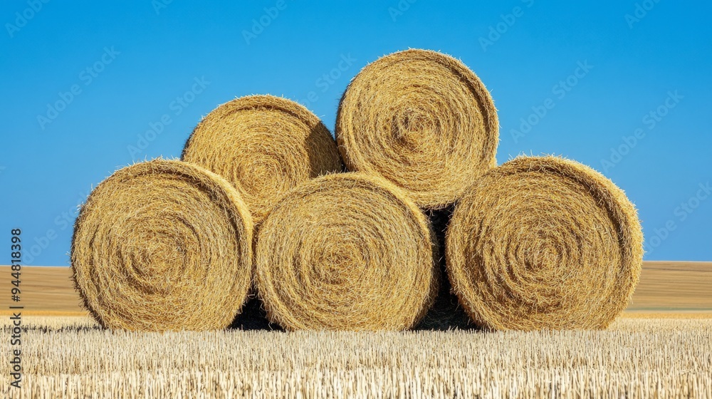Freshly cut hay bales, stacked in a field, with a clear blue sky Freshly cut hay bales, stacked in a field, with a clear blue sky