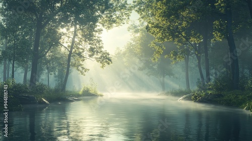 Misty Morning River Scene with Sunlight Streaming Through Trees