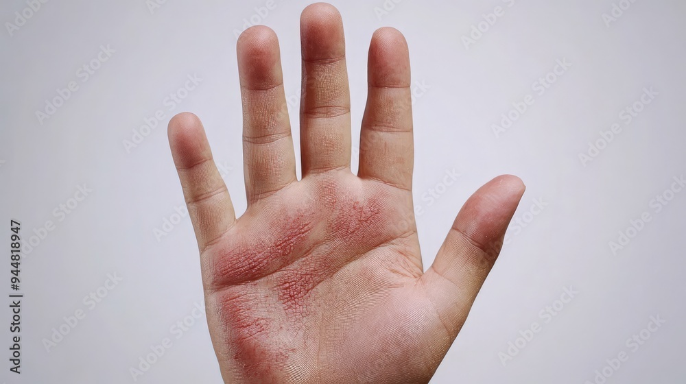 Hand with visible athlete’s foot, red and peeling skin, under bright white light Hand with visible athlete’s foot, red and peeling skin, under bright white light