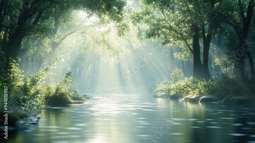 Sunbeams through Trees over Forest River