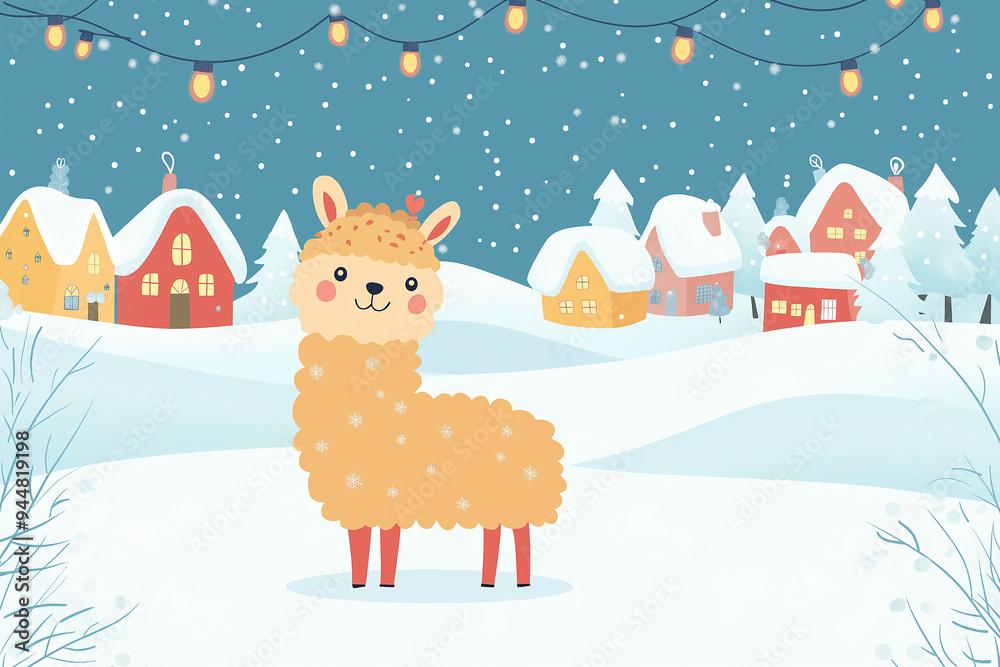 Cute llama in snowy landscape with colorful houses and festive lights. llama has cheerful expression, adding whimsical touch to winter scene. Cute llama in snowy landscape with colorful houses and festive lights. llama has cheerful expression, adding whimsical touch to winter scene.