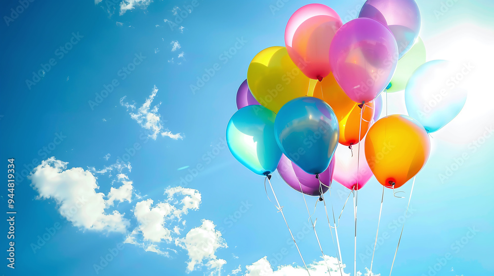 Colorful Balloons Soaring High Against a Clear Blue Sky - Joyful and Uplifting Scene Colorful Balloons Soaring High Against a Clear Blue Sky - Joyful and Uplifting Scene