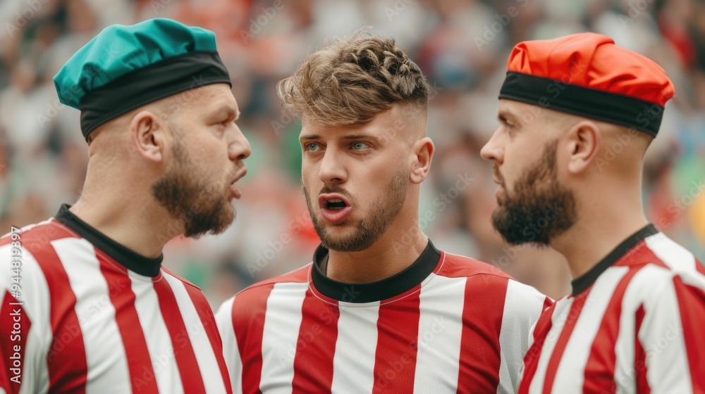 group of friends animatedly gesturing and shouting while engaging with referee calls during an intense and competitive sports match or game on the field The image captures the dynamic energy group of friends animatedly gesturing and shouting while engaging with referee calls during an intense and competitive sports match or game on the field The image captures the dynamic energy