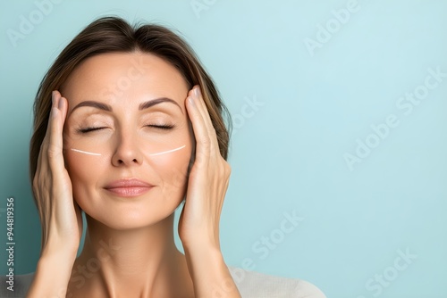 Wallpaper Mural Woman with perfect skin after cosmetic treatment with lifting arrows on her face on light blue background with copy space. Rhytidectomy procedure, facelift surgery, anti age treatment Torontodigital.ca