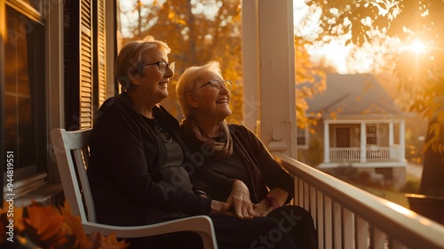 A heartwarming scene of two older women enjoying a peaceful sunset on their front porch exuding a sense of nostalgia comfort and tranquility photo