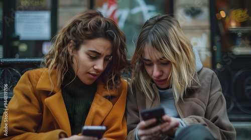 Two women sitting together on a bench engrossed in their phones in a modern urban setting