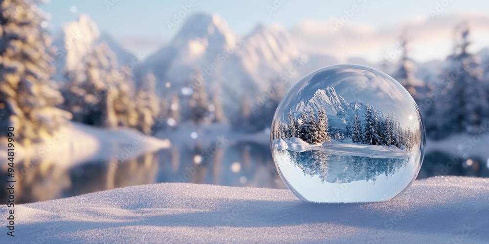 Natural winter landscape captured through a glass ball in 3D cartoon rendering Natural winter landscape captured through a glass ball in 3D cartoon rendering