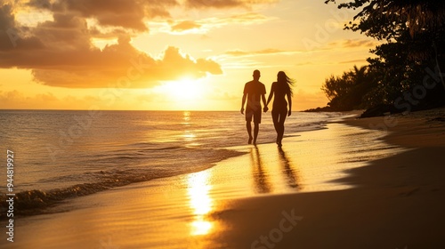 Silhouette of Couple Walking on a Beach at Sunset