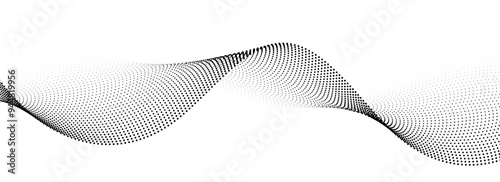 Dotted wave line background. Black halftone undulate pattern. Curved dashed gradient design element for poser, banner, presentation, booklet. Abstract flowing particle dot line wallpaper. Vector