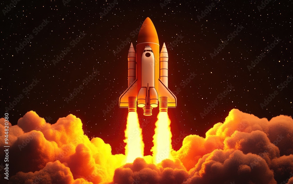 Obraz premium Spaceship in orbit around Mars depicted in a 3D cartoon rendering with a space shuttle and clouds in the sky showcasing the exploration of the Red Planet