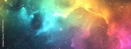 3D cartoon rendering showcasing a multicolor starry sky with a nebula in rainbow hues