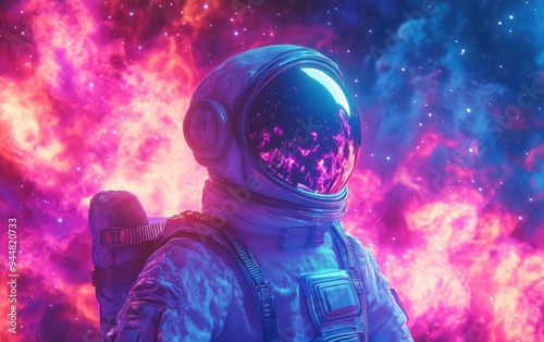 Cartoon rendered 3D image depicting an astronaut s half body profile amidst a vibrant nebula in space featuring reflections from the nebula on masks and spacesuits with a bright backdrop high qual photo