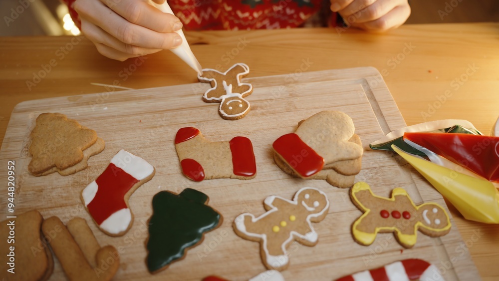 Woman Adds White Icing Details to a Gingerbread Man Cookie, Surrounded by Various Decorated Cookies on a Wooden Board. Woman Adds White Icing Details to a Gingerbread Man Cookie, Surrounded by Various Decorated Cookies on a Wooden Board.