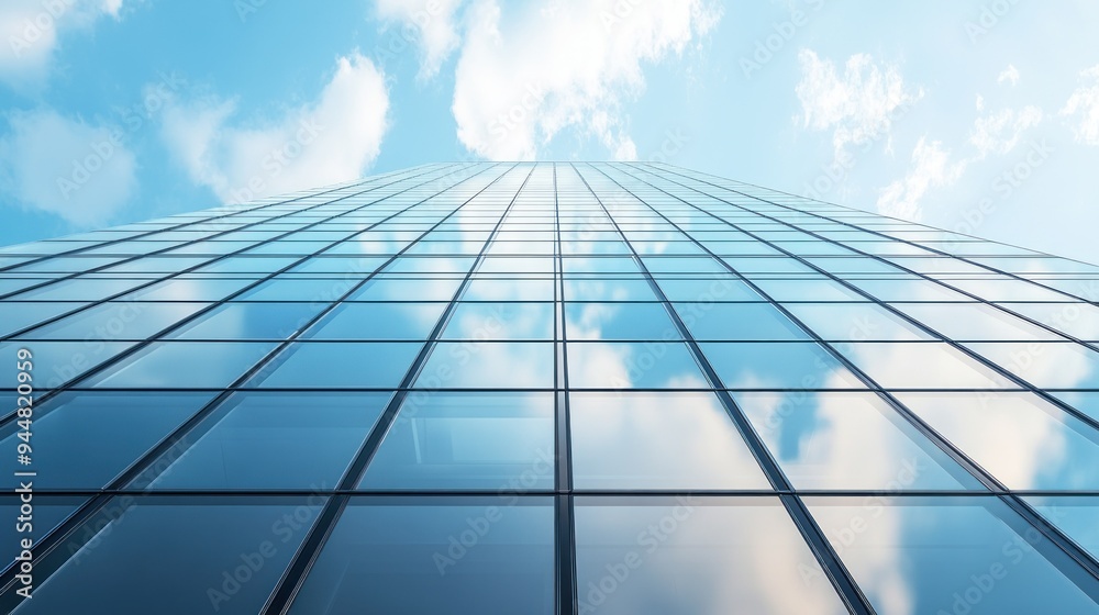 Glass Facade of a Modern Skyscraper with Blue Sky and Clouds Reflecting Glass Facade of a Modern Skyscraper with Blue Sky and Clouds Reflecting