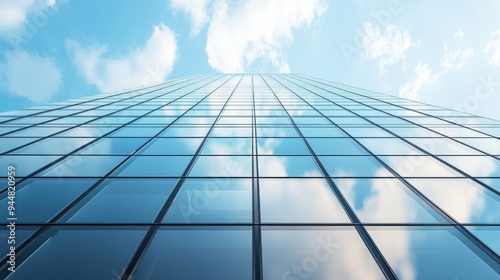 Glass Facade of a Modern Skyscraper with Blue Sky and Clouds Reflecting