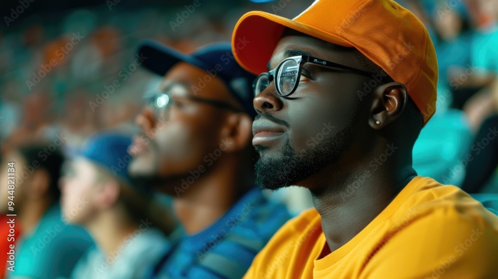 Diverse group of enthusiastic fans discussing and analyzing team plays and strategy during halftime of an intense sports event in a crowded stadium Diverse group of enthusiastic fans discussing and analyzing team plays and strategy during halftime of an intense sports event in a crowded stadium