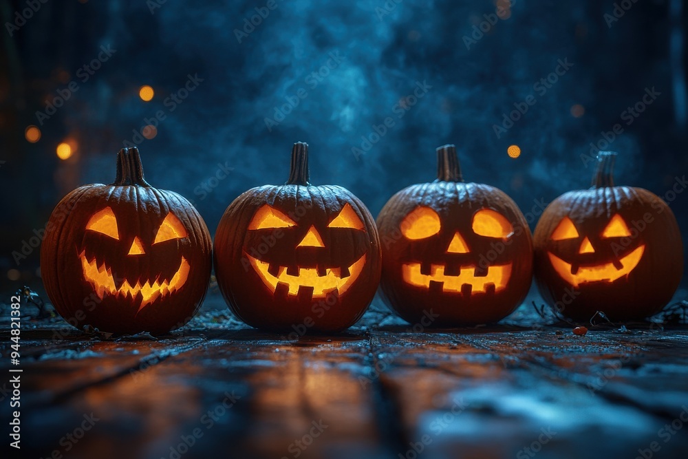 Row of glowing jack-o'-lanterns against dark background Row of glowing jack-o'-lanterns against dark background