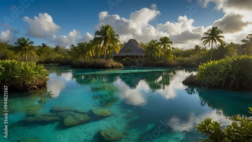 Enchanted lagoons. Clear waters, glowing vegetation, mystical atmosphere. Serene and enchanting landscape. photo