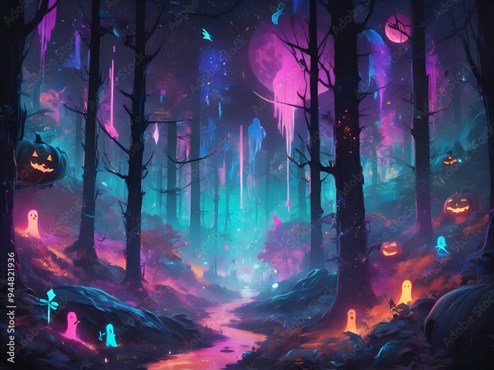 abstract neon Holographic colorful Cyberpunk halloween with ghosts in a forest with sparkles, stars, moons, and bright colors abstract neon Holographic colorful Cyberpunk halloween with ghosts in a forest with sparkles, stars, moons, and bright colors