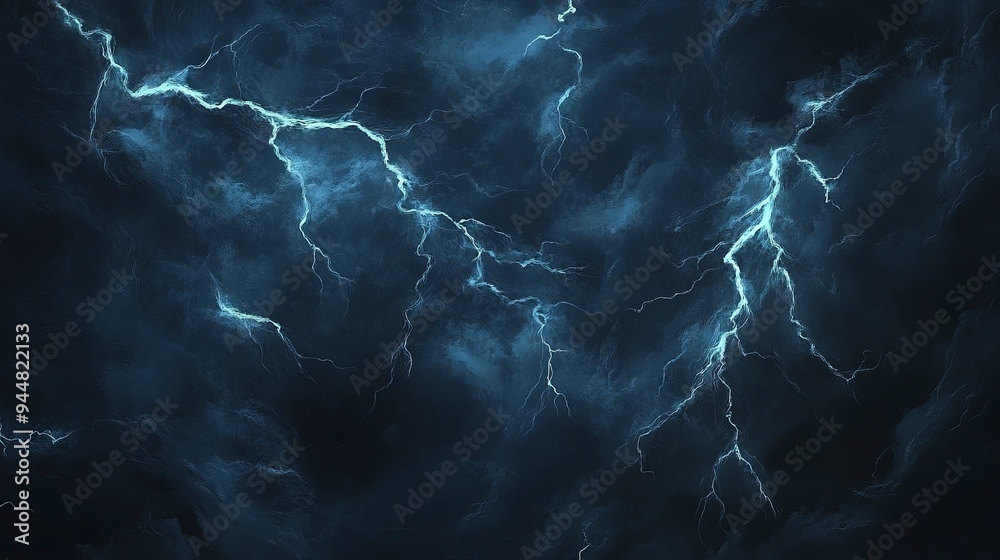 Lightning illuminating a stormy sky, striking multiple points, with dark clouds swirling Lightning illuminating a stormy sky, striking multiple points, with dark clouds swirling