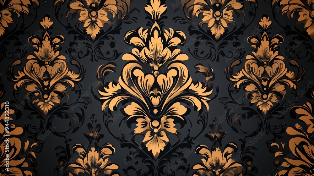 Elegant black and gold damask pattern with intricate floral designs. Elegant black and gold damask pattern with intricate floral designs.