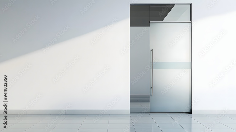 32. **A modern glass door with a frosted stripe, displayed on a pristine white background. 32. **A modern glass door with a frosted stripe, displayed on a pristine white background.