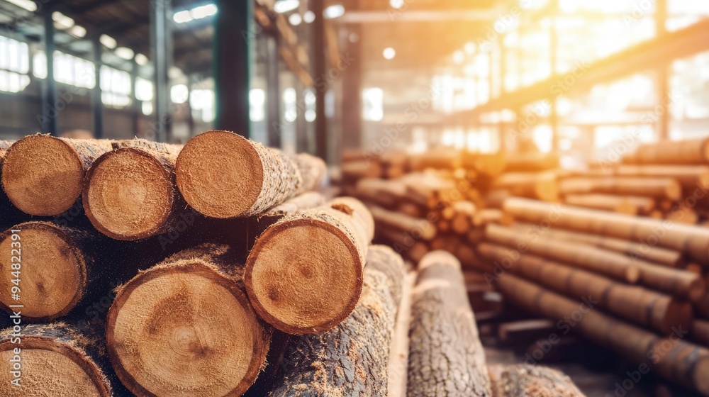 Lumber mill, sawdust flying, with stacks of timber, bright industrial light Lumber mill, sawdust flying, with stacks of timber, bright industrial light
