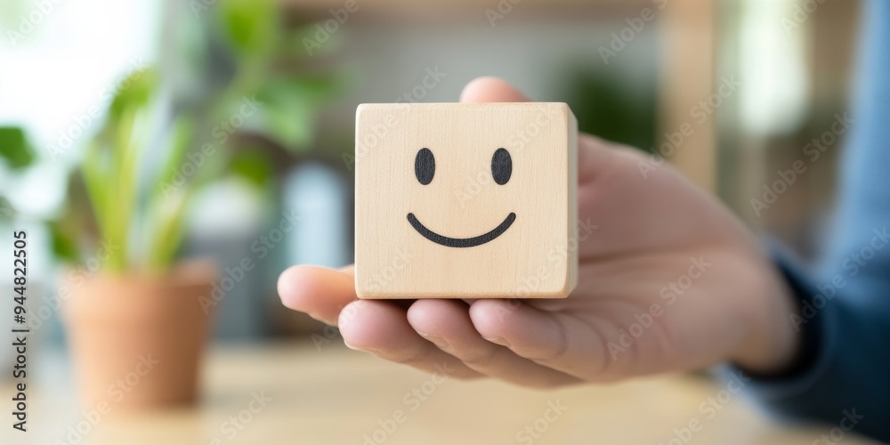 Obraz premium A hand holding a cheerful smiley face block, symbolizing happiness and positivity in a bright and inviting environment.