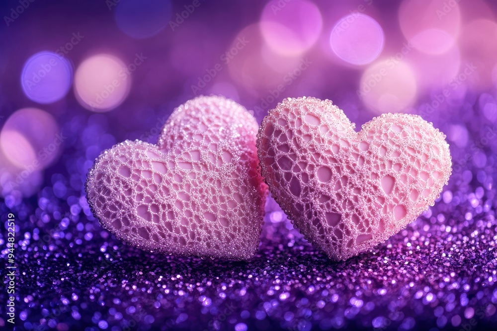 Obraz premium Two Soft Pink Hearts With Lace On Purple Glitter Background With Sparkles - Valentine's Day Concept with generative ai