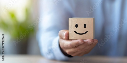 A person holds a wooden block with a smiley face, symbolizing happiness and positivity in a bright, cheerful environment. photo