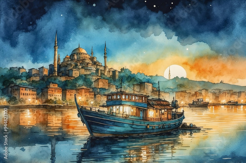 Fishing boat in Istanbul isthmus at sunset watercolor photo