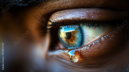 Man's eyes filled with tears, holding back emotions, under soft ambient light