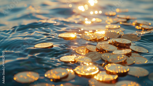 Golden Coins Floating in a Serene River - Wealth and Nature Concept