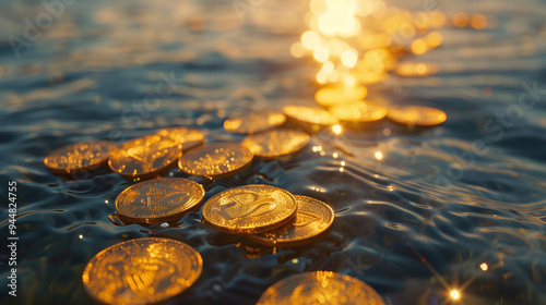 Golden Coins Floating in a Serene River - Wealth and Nature Concept