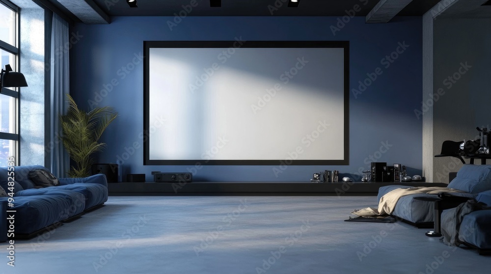 A modernly designed room featuring a large blank screen on the wall A modernly designed room featuring a large blank screen on the wall