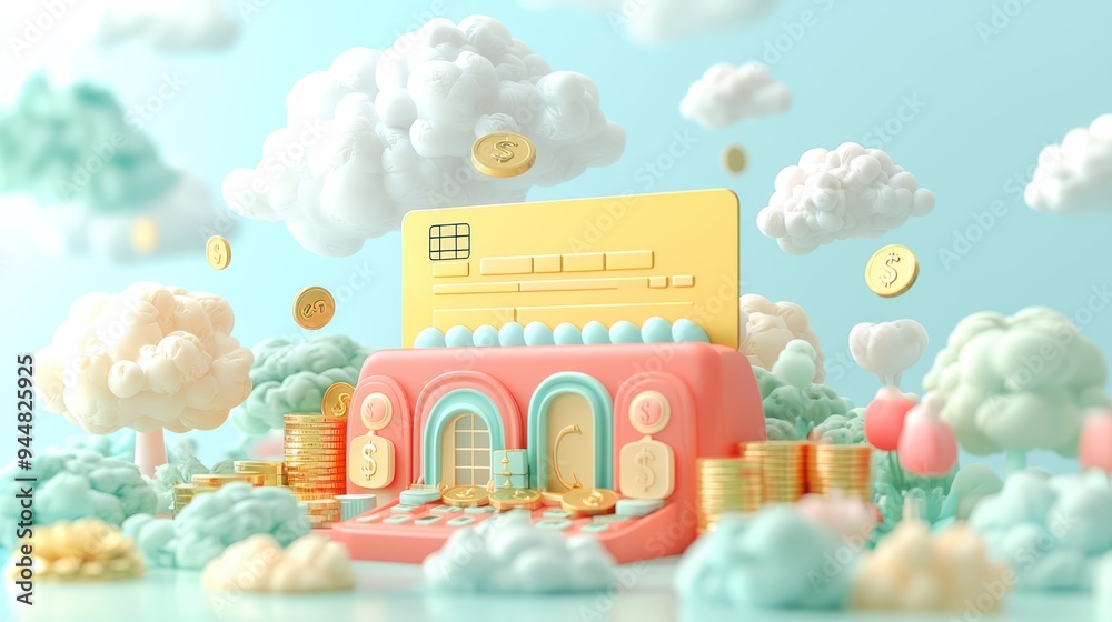 Naklejka premium Digital Commerce Dreams - Floating Credit Card in Surreal Sky with Rain of Coins and Product Images, Generative Ai