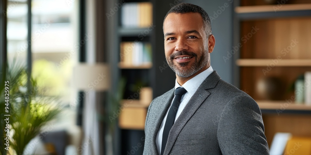 Naklejka premium Professional profile portrait of a confident businessperson with a modern office background and natural lighting capturing a trustworthy and competent appearance