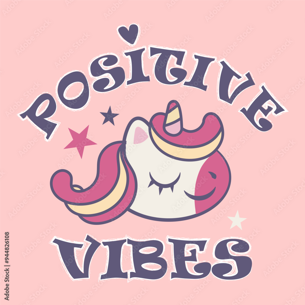 Obraz premium Groovy lettering positive vibes with unicorn illustration in flat on pink background. Retro slogan in round shape. Trendy groovy print design for posters, cards, tshirt.